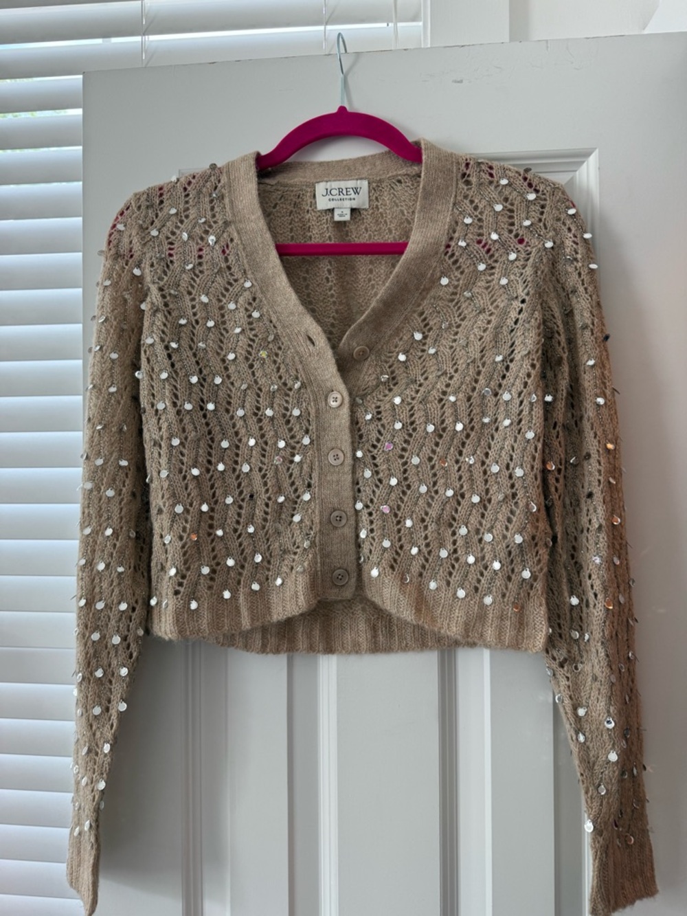 Never worn J. Crew Beige mirrored & mesh Cropped Cardigan
